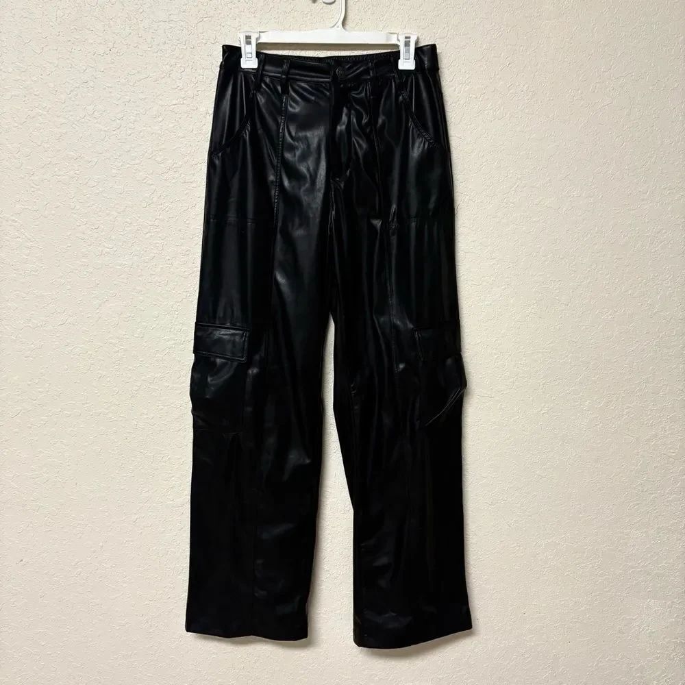 Madden NYC Womens Faux Leather Cargo Black Wide Leg Pull On Size M